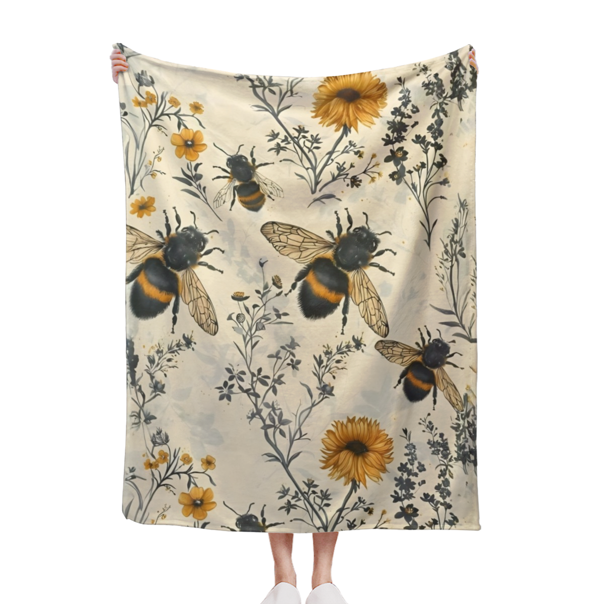 Bee And Wildflower Themed Flannel Throw Blanket - 100% Polyester Knitted Quilted Blanket With Digital Print - All Season Cozy Bedding Perfect For Napping, Camping, Travel - Ideal Gift For Friends And