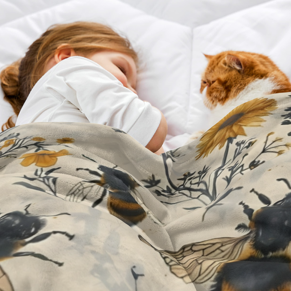 Bee And Wildflower Themed Flannel Throw Blanket - 100% Polyester Knitted Quilted Blanket With Digital Print - All Season Cozy Bedding Perfect For Napping, Camping, Travel - Ideal Gift For Friends And