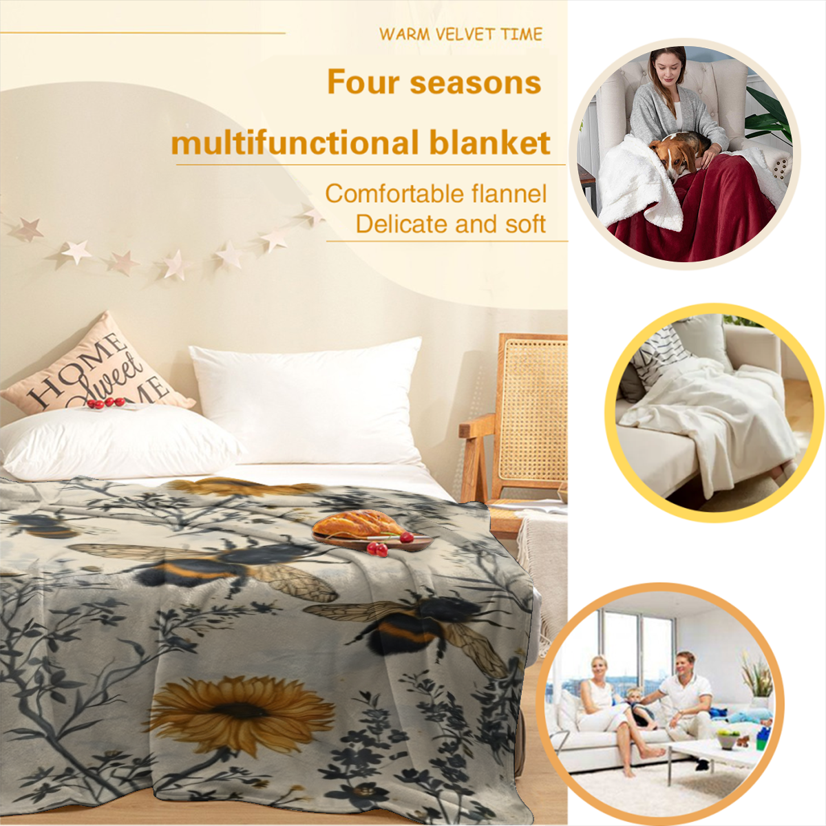 Bee And Wildflower Themed Flannel Throw Blanket - 100% Polyester Knitted Quilted Blanket With Digital Print - All Season Cozy Bedding Perfect For Napping, Camping, Travel - Ideal Gift For Friends And
