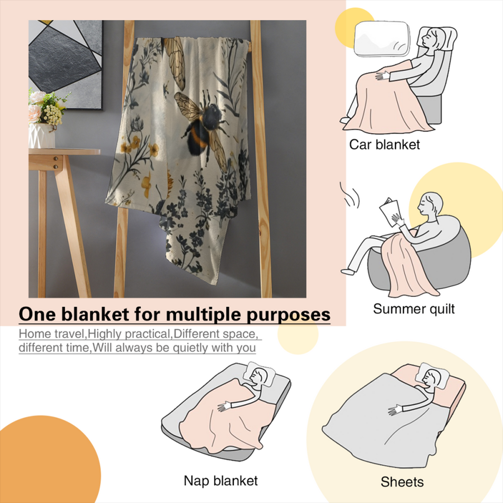 Bee And Wildflower Themed Flannel Throw Blanket - 100% Polyester Knitted Quilted Blanket With Digital Print - All Season Cozy Bedding Perfect For Napping, Camping, Travel - Ideal Gift For Friends And
