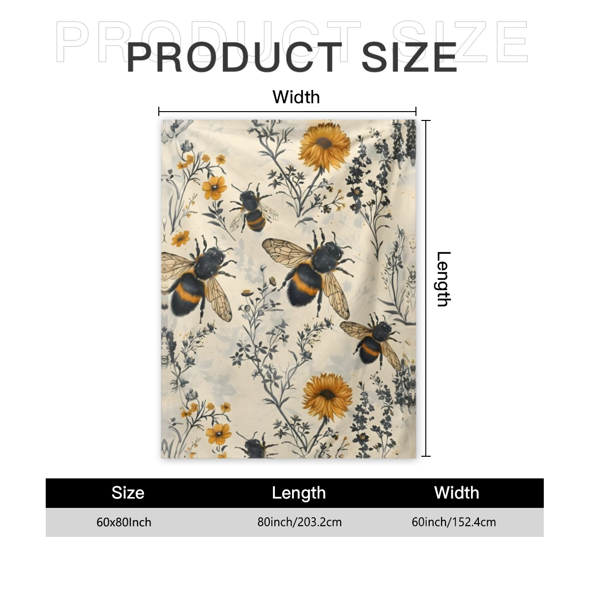 Bee And Wildflower Themed Flannel Throw Blanket - 100% Polyester Knitted Quilted Blanket With Digital Print - All Season Cozy Bedding Perfect For Napping, Camping, Travel - Ideal Gift For Friends And