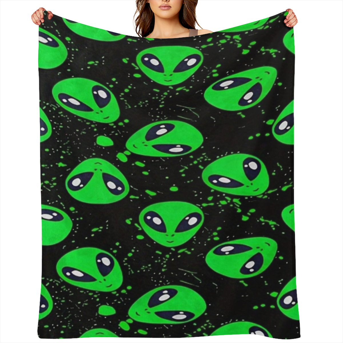 Contemporary Alien Pattern Flannel Throw Blanket - Hypoallergenic, Tear- Resistant, Knitted, All- Season, Multipurpose Blanket for Sofa, Nap, Travel - Green Digital Print Fleece, 100 Polyester
