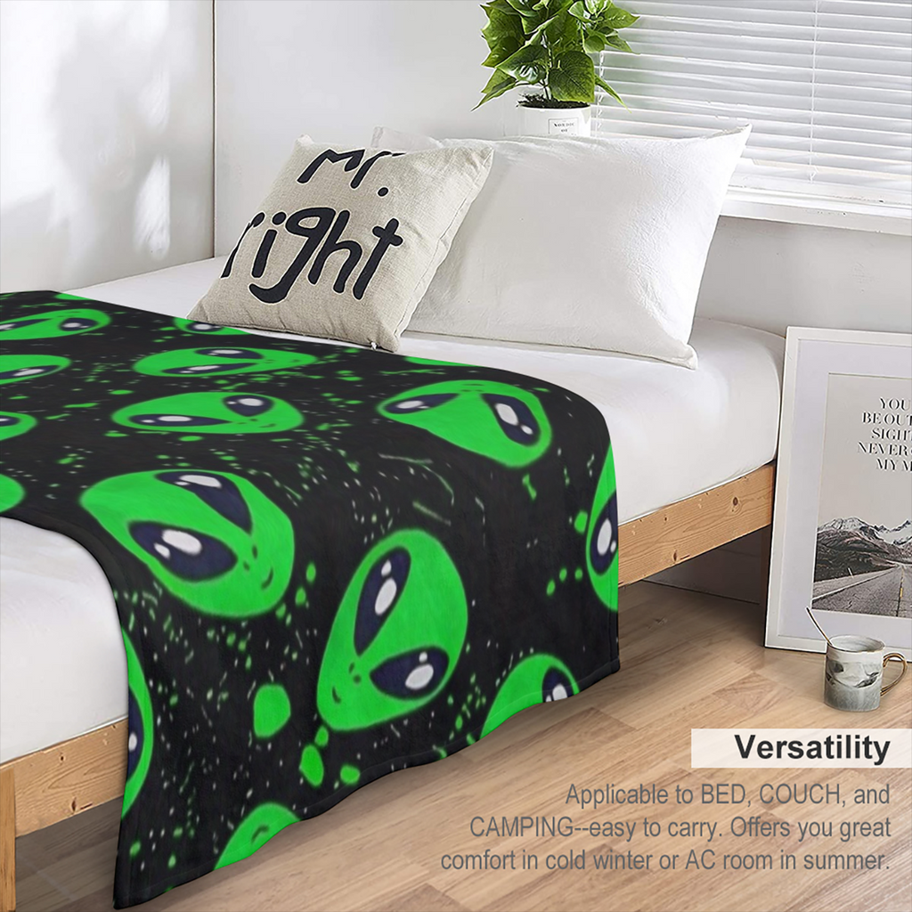 Contemporary Alien Pattern Flannel Throw Blanket - Hypoallergenic, Tear- Resistant, Knitted, All- Season, Multipurpose Blanket for Sofa, Nap, Travel - Green Digital Print Fleece, 100 Polyester