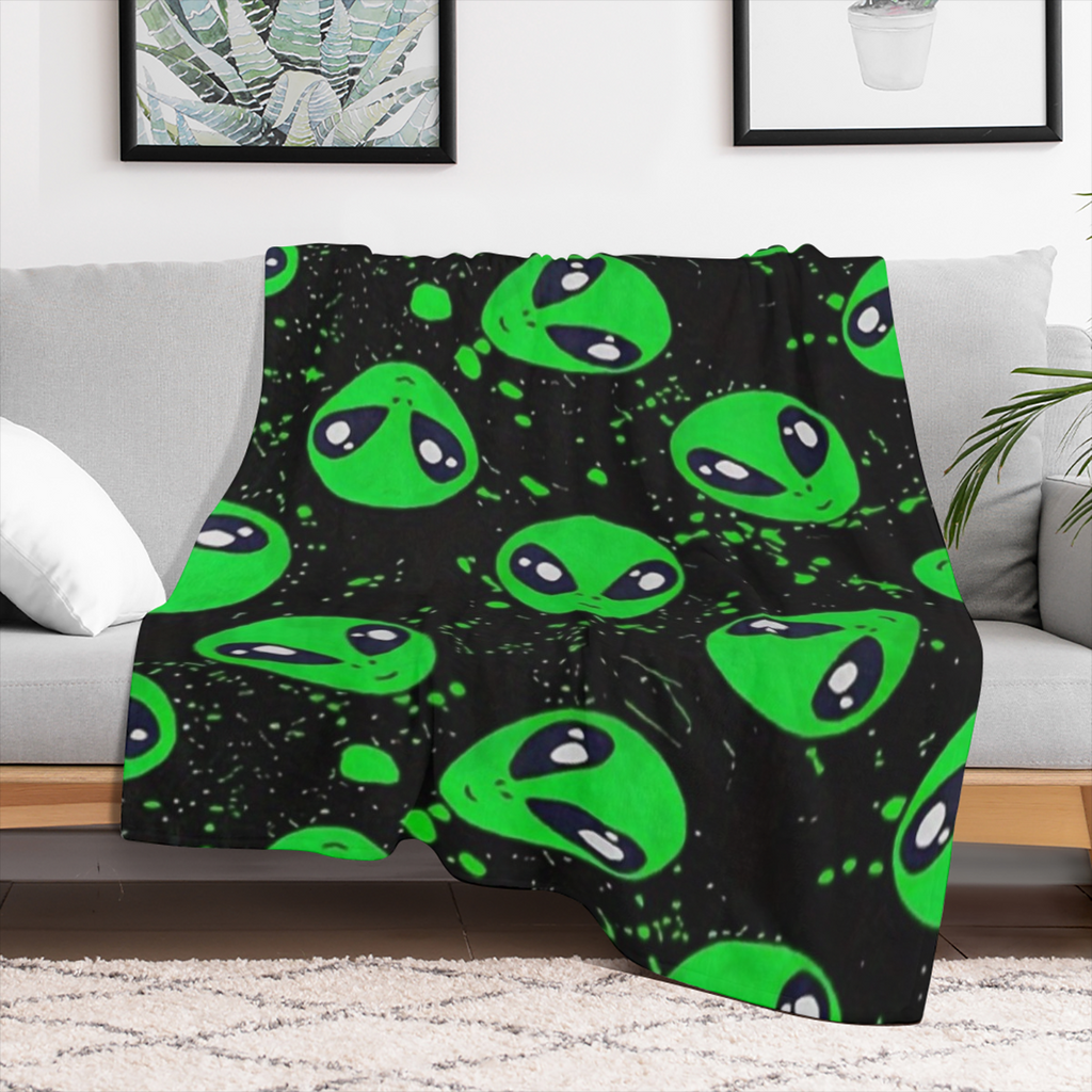 Contemporary Alien Pattern Flannel Throw Blanket - Hypoallergenic, Tear- Resistant, Knitted, All- Season, Multipurpose Blanket for Sofa, Nap, Travel - Green Digital Print Fleece, 100 Polyester