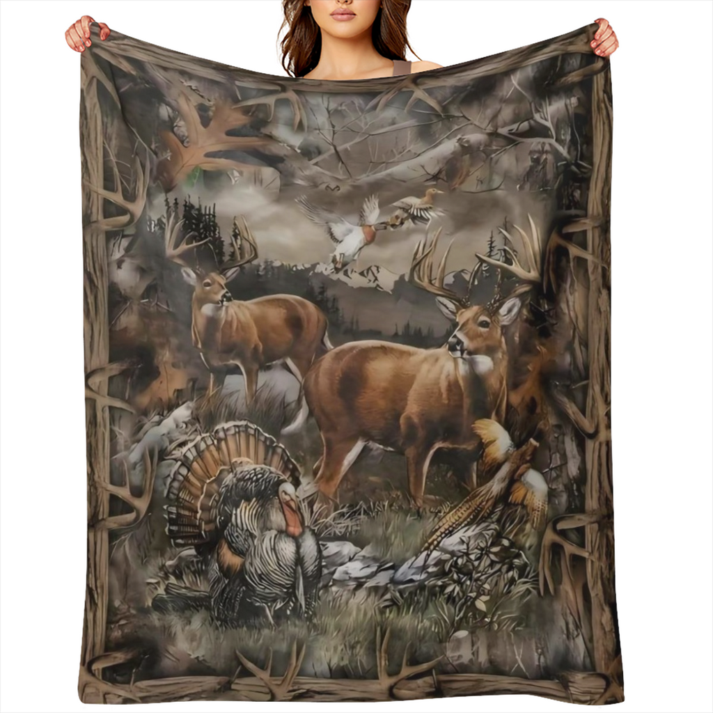 1pc Vintage Blanket, Forest Elk Wild Chicken Print Flannel Blanket, Soft Warm Throw Blanket Nap Blanket For Couch Sofa Office Bed Camping Travel, Multi- purpose Gift Blanket For All Season