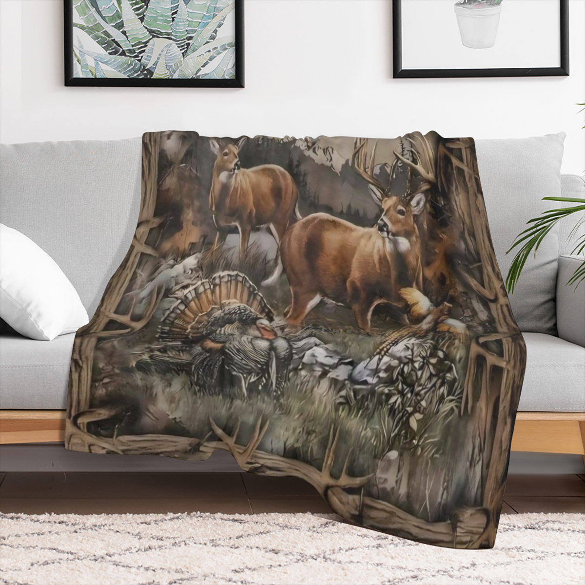 1pc Vintage Blanket, Forest Elk Wild Chicken Print Flannel Blanket, Soft Warm Throw Blanket Nap Blanket For Couch Sofa Office Bed Camping Travel, Multi- purpose Gift Blanket For All Season