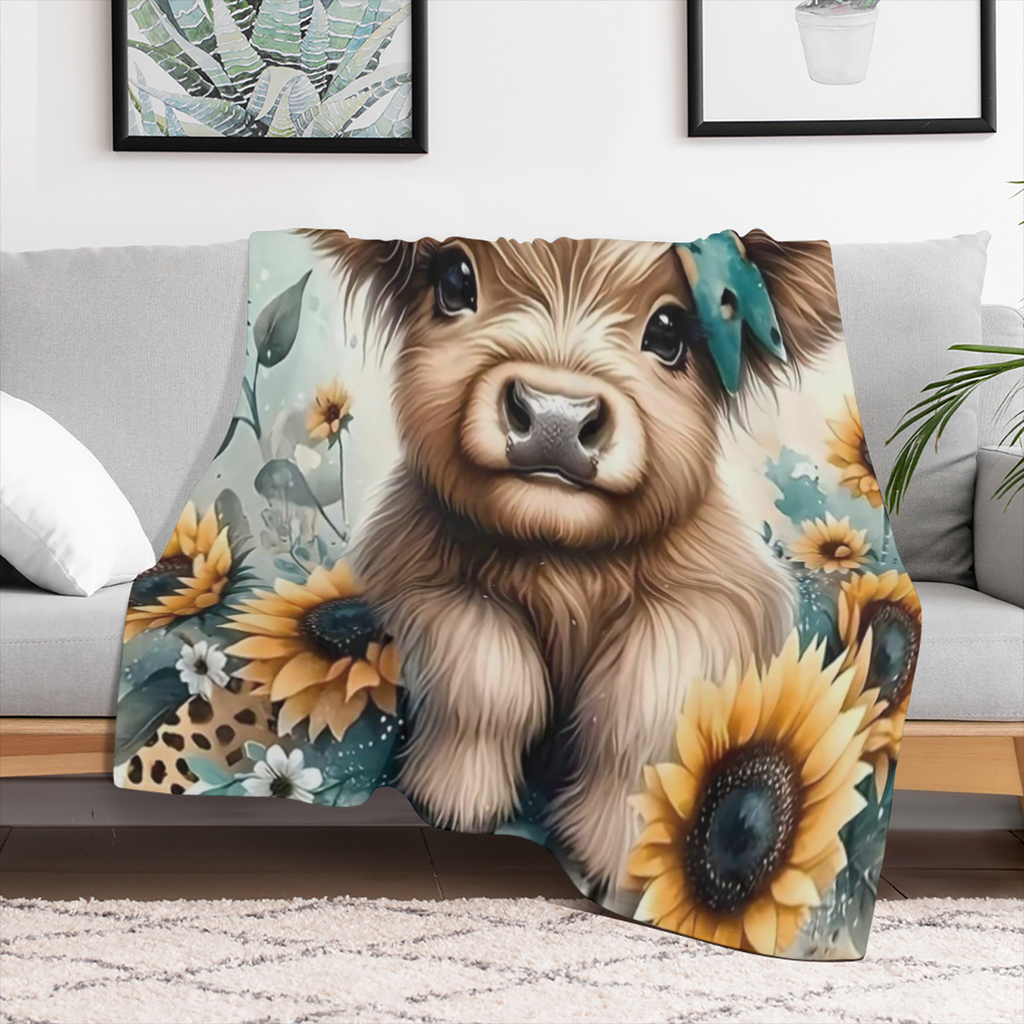 Cozy Highland Cow Print Flannel Throw Blanket - Soft, Durable & Versatile for Couch Naps, Office Beds, Camping All-Season Gift Idea