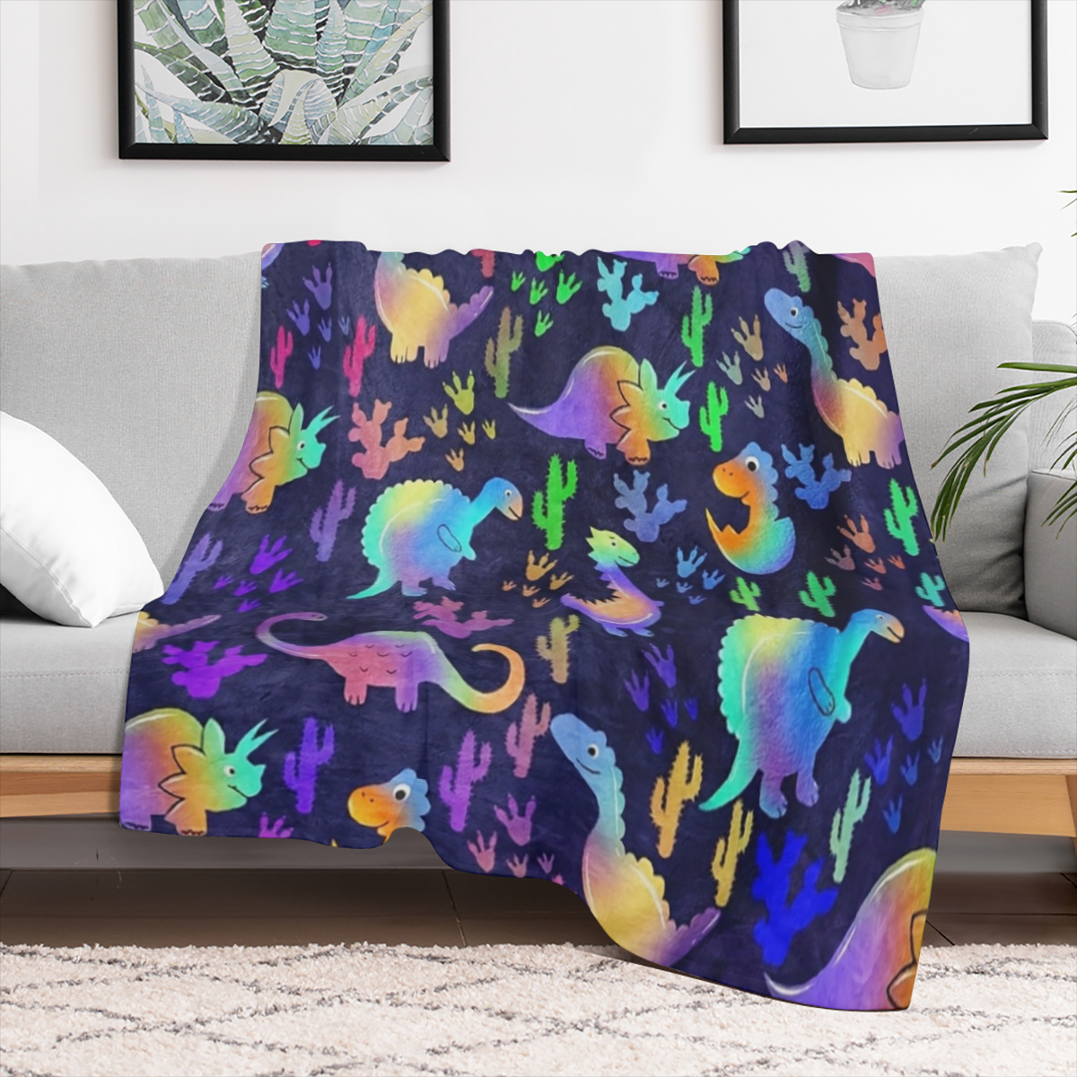 1pc Glam Style Geometric Dinosaur Print Flannel Throw Blanket - Stain Resistant, All Seasons Knit Fabric, Polyester, Animal Theme, Warm & Cozy Couch Sofa Bed Nap Blanket - Ideal for Birthday, Hallowee