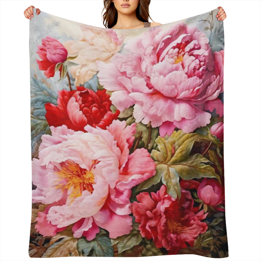 Manta de flores de peon¨ªa contempor¨¢nea - Franela de poli¨¦ster tejida para todas las estaciones, estampado suave y c¨¢lido, impreso digital, manta acogedora para siesta y viaje para decoraci¨®n de