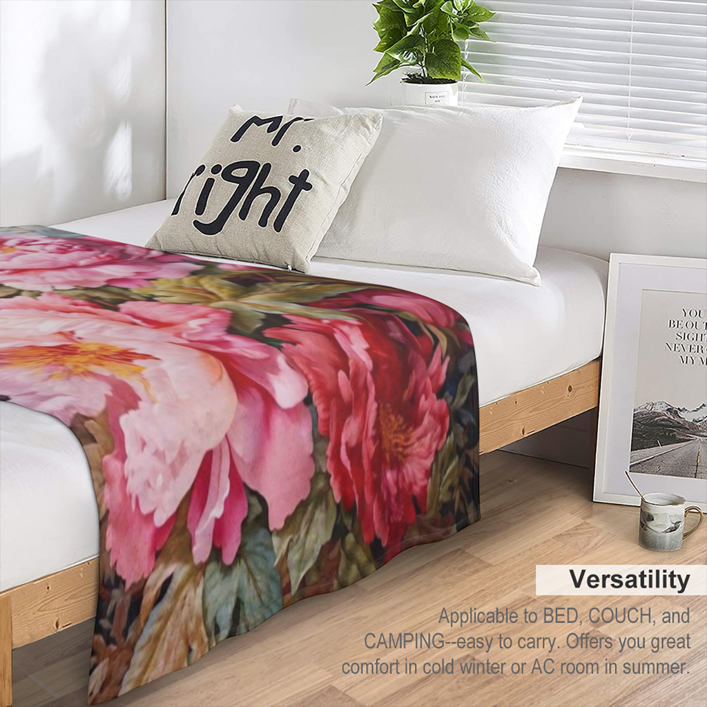 Manta de flores de peon¨ªa contempor¨¢nea - Franela de poli¨¦ster tejida para todas las estaciones, estampado suave y c¨¢lido, impreso digital, manta acogedora para siesta y viaje para decoraci¨®n de