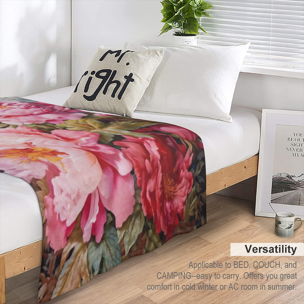 Manta de flores de peon¨ªa contempor¨¢nea - Franela de poli¨¦ster tejida para todas las estaciones, estampado suave y c¨¢lido, impreso digital, manta acogedora para siesta y viaje para decoraci¨®n de