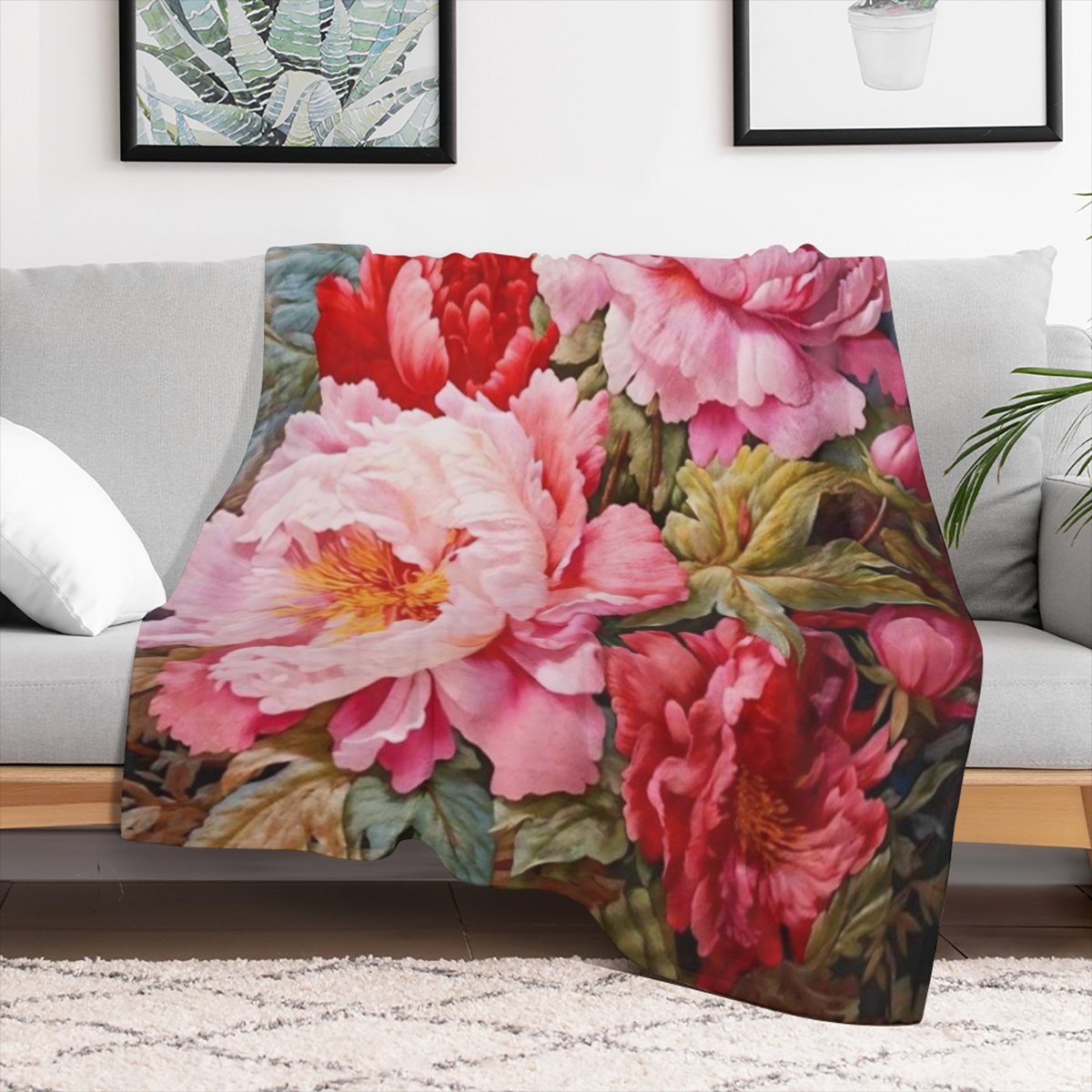 Manta de flores de peon¨ªa contempor¨¢nea - Franela de poli¨¦ster tejida para todas las estaciones, estampado suave y c¨¢lido, impreso digital, manta acogedora para siesta y viaje para decoraci¨®n de