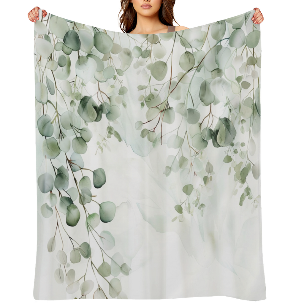Soft & Cozy Eucalyptus Watercolor Flannel Throw Blanket - Rustic Leaf Design, Lightweight & Versatile for Couch, Bed, or Office Decor, All-Season Comfort, 280GSM Polyester Blend, Cozy Couch Accessory
