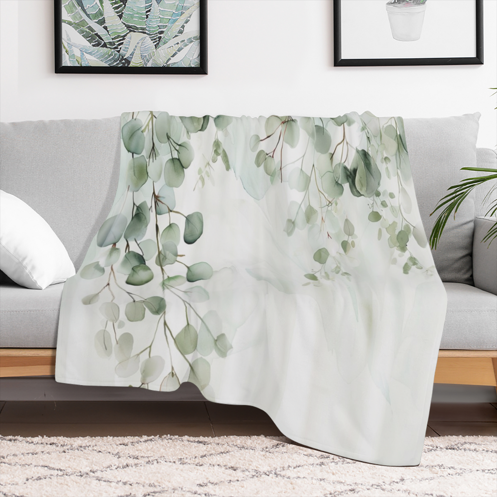 Soft & Cozy Eucalyptus Watercolor Flannel Throw Blanket - Rustic Leaf Design, Lightweight & Versatile for Couch, Bed, or Office Decor, All-Season Comfort, 280GSM Polyester Blend, Cozy Couch Accessory