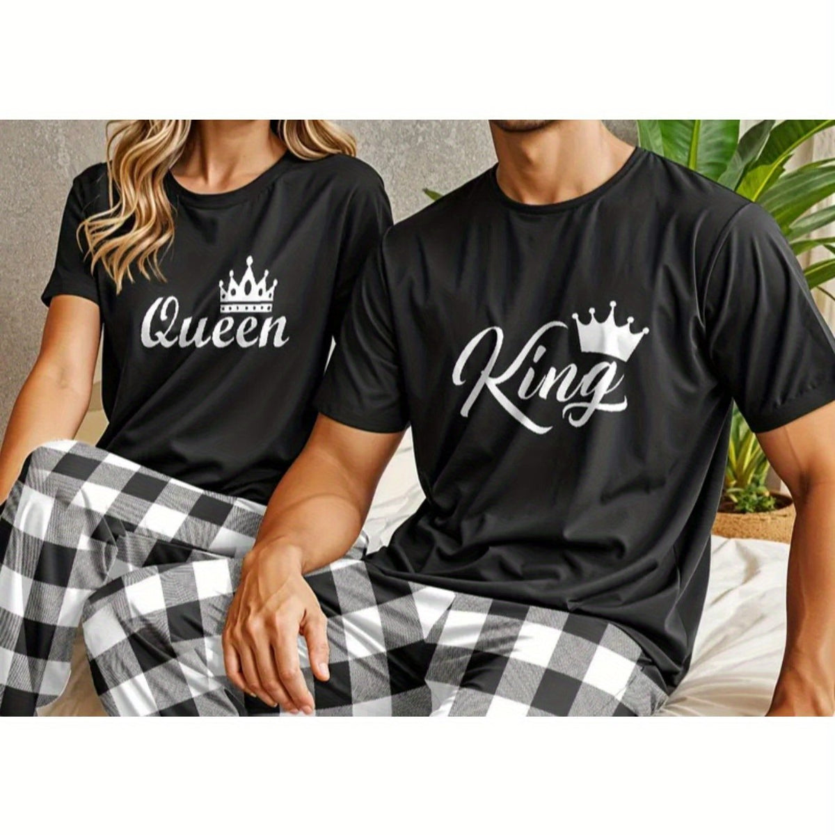 1 Ensemble Pyjama Roi et Reine T-Shirts en Coton Noir Assortis avec Logo Couronne et Écriture