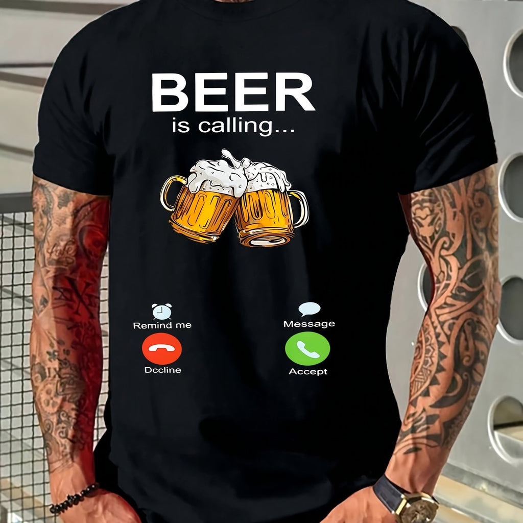 Men's Beer Lover T-Shirt "Beer is Calling" Slogan & Accept/Decline Message Design