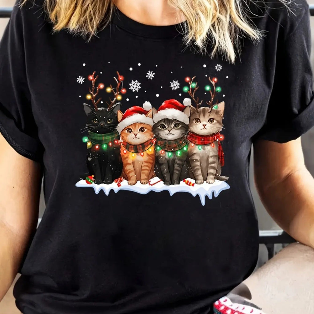 Women'S Festive Christmas Cat T-Shirt - 100%, Short Sleeve Crew Neck, Lightweight & Breathable, Machine Washable, Holiday Graphic with Santa Hats & Lights, Perfect for Spring & Summer