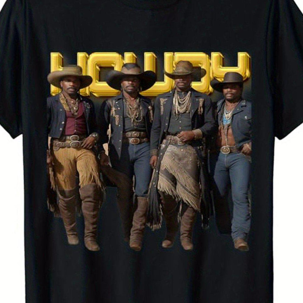 Outdoor Adventures Men'S Black Cotton Graphic T-Shirt - Howdy Print with Cowboy Design, Casual Short Sleeve Crew Neck, Lightweight & Breathable for Casual Attire
