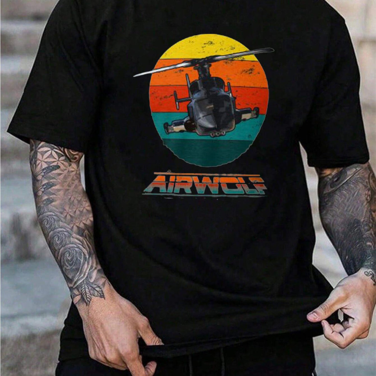 Men's Vintage 1980s Airwolf Helicopter TV Show T-Shirt - Black Retro Graphic Tee with Iconic Helicopter Print, Soft Breathable Comfort Fit for Gym, Casual Wear & Outdoor - Durable 80s Nostalgia Apparel for Airwolf Fans