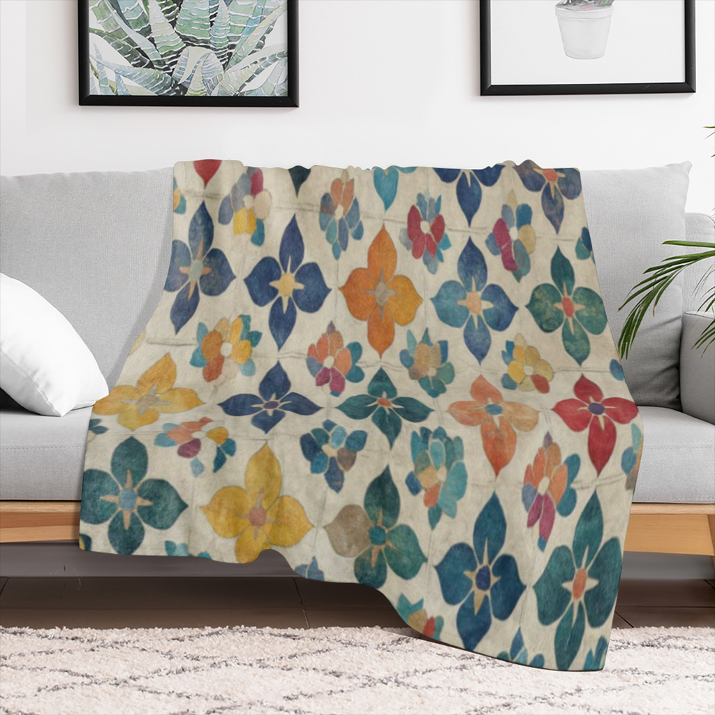 A vintage geometric floral print fleece blanket - soft, warm, all year round knitted polyester blanket for sofas, beds, offices, camping, travel - the ideal gift for any occasion.