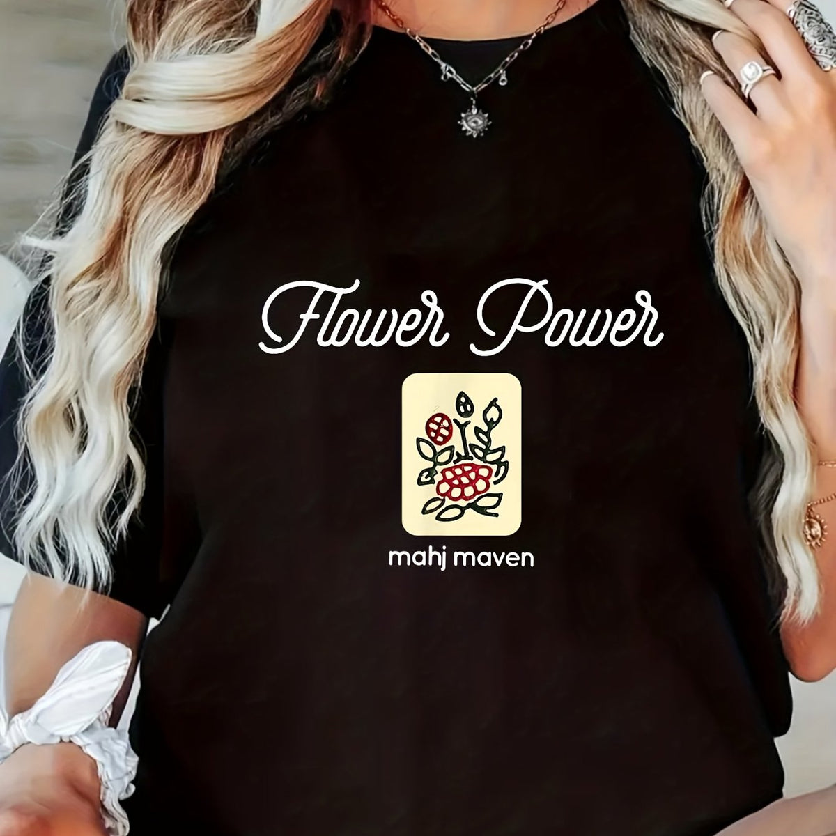 Women's Floral Mahjong T-Shirt - Black with Red Roses - Lightweight Summer Tee - Loose Fit Round Neck Casual Top - Machine Washable Everyday Shirt for Women - Ideal Birthday Anniversary Gift, Short Sleeve Shirt