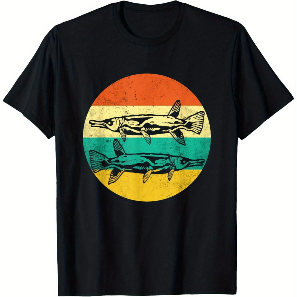 T-shirt Homme Vintage Graphique Pêche Design Truite Rétro Années 70/80 avec Bande Arc-en-ciel