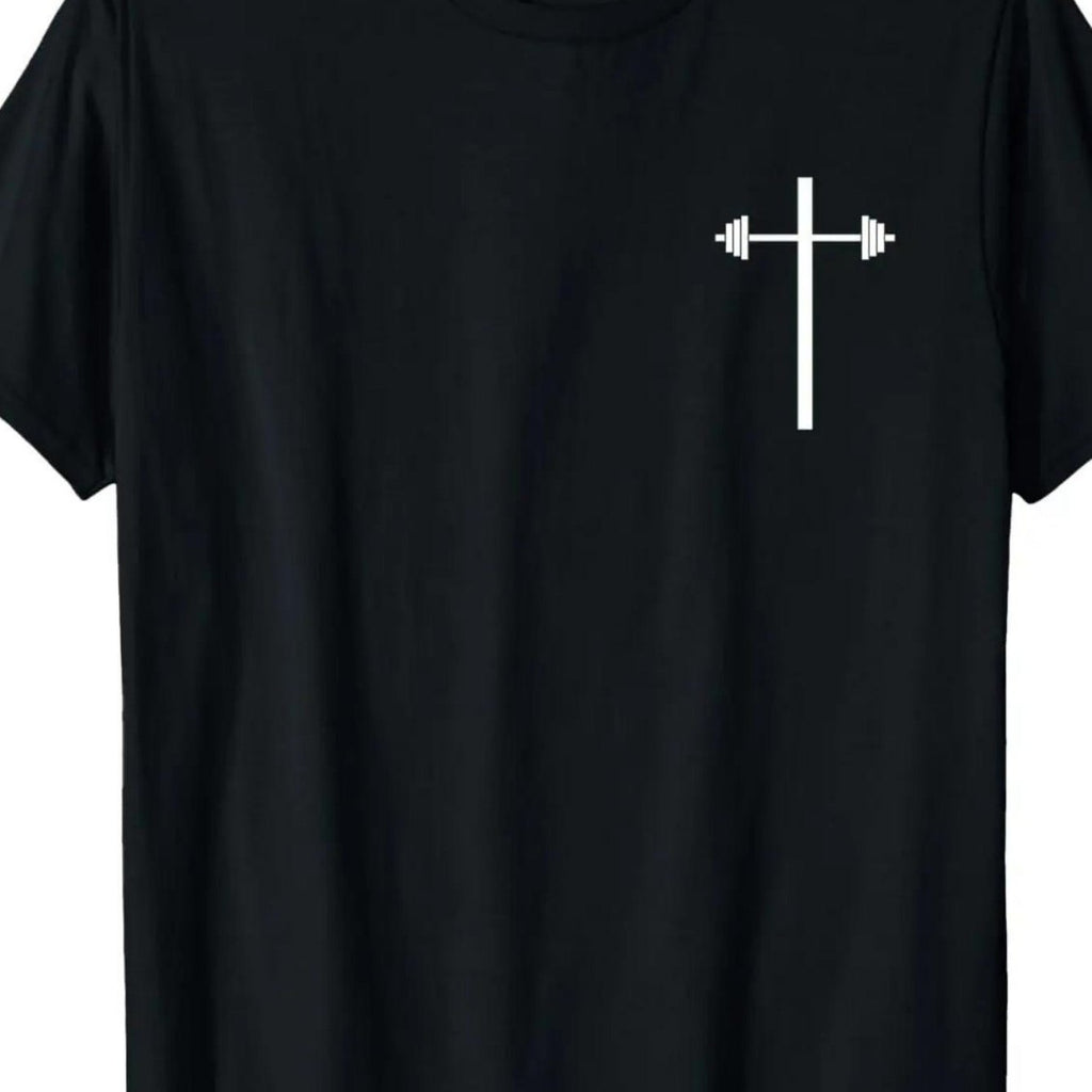 Men's Christian Gym Workout T-Shirt Heavy Duty Fitness Tee with Cross & Dumbbell
