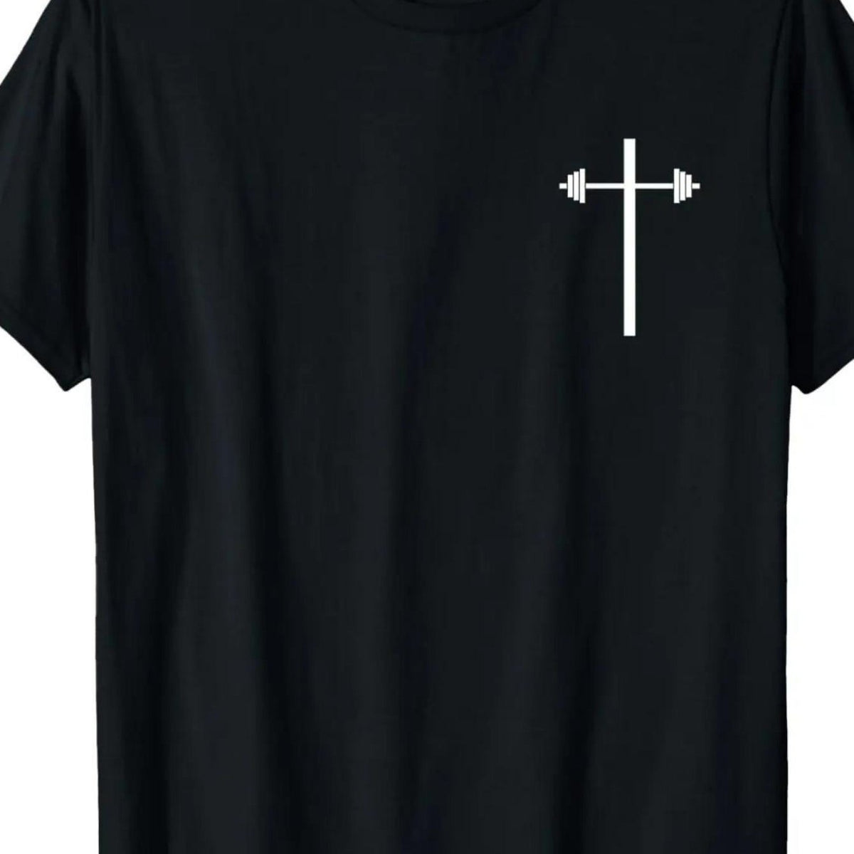 Men's Christian Gym Workout T-Shirt Heavy Duty Fitness Tee with Cross & Dumbbell