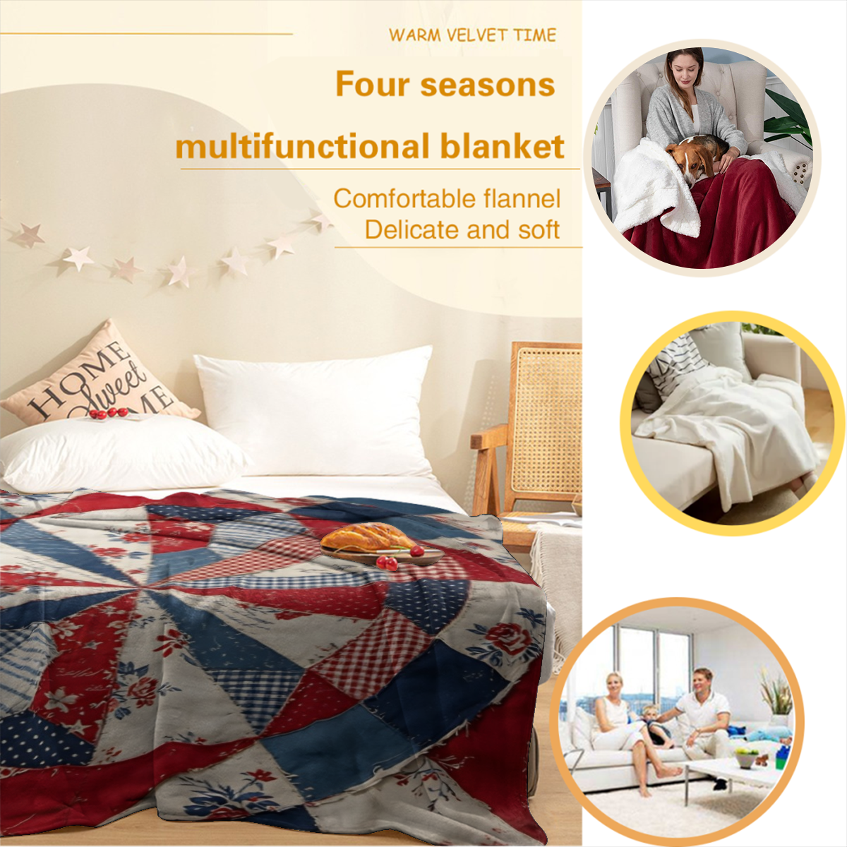 2d Flat 1pc Patchwork Red White Blue Quilt Pattern Cozy Throw Blanket, 4th Of July, Vibrant Patriotic Star Spangled Design, Ideal for Living Room Sofa, Bedroom Bed, Outdoor Picnic, for Families, Patri