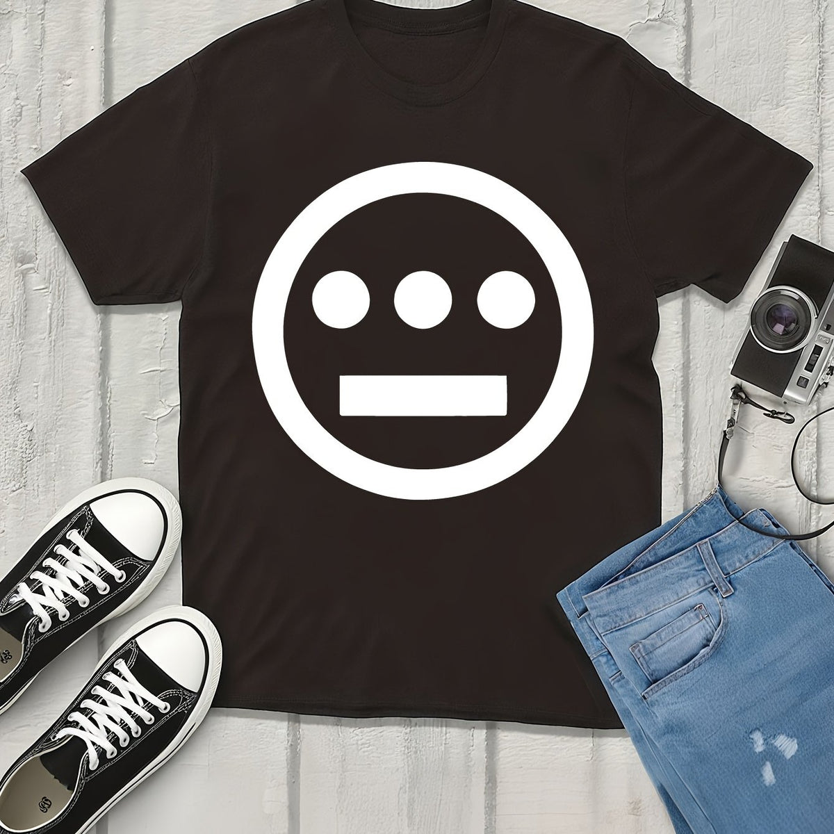 Men's Cotton Hip Hop T-Shirt Black Crewneck Tee with Smooth Hieroglyphic Face - Heavyweight Cotton
