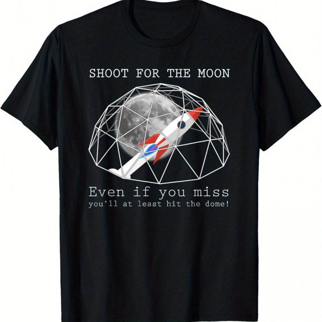 Funny Flat Earth Conspiracy T-Shirt - "Shoot for the Moon Even If You'll Miss" Graphic Print, 100% Cotton 220gsm Heavyweight, Black Bohemian Style Round Neck Tee for Adults, All-Season Comfort