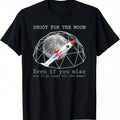 Funny Flat Earth Conspiracy T-Shirt - "Shoot for the Moon Even If You'll Miss" Graphic Print, 100% Cotton 220gsm Heavyweight, Black Bohemian Style Round Neck Tee for Adults, All-Season Comfort