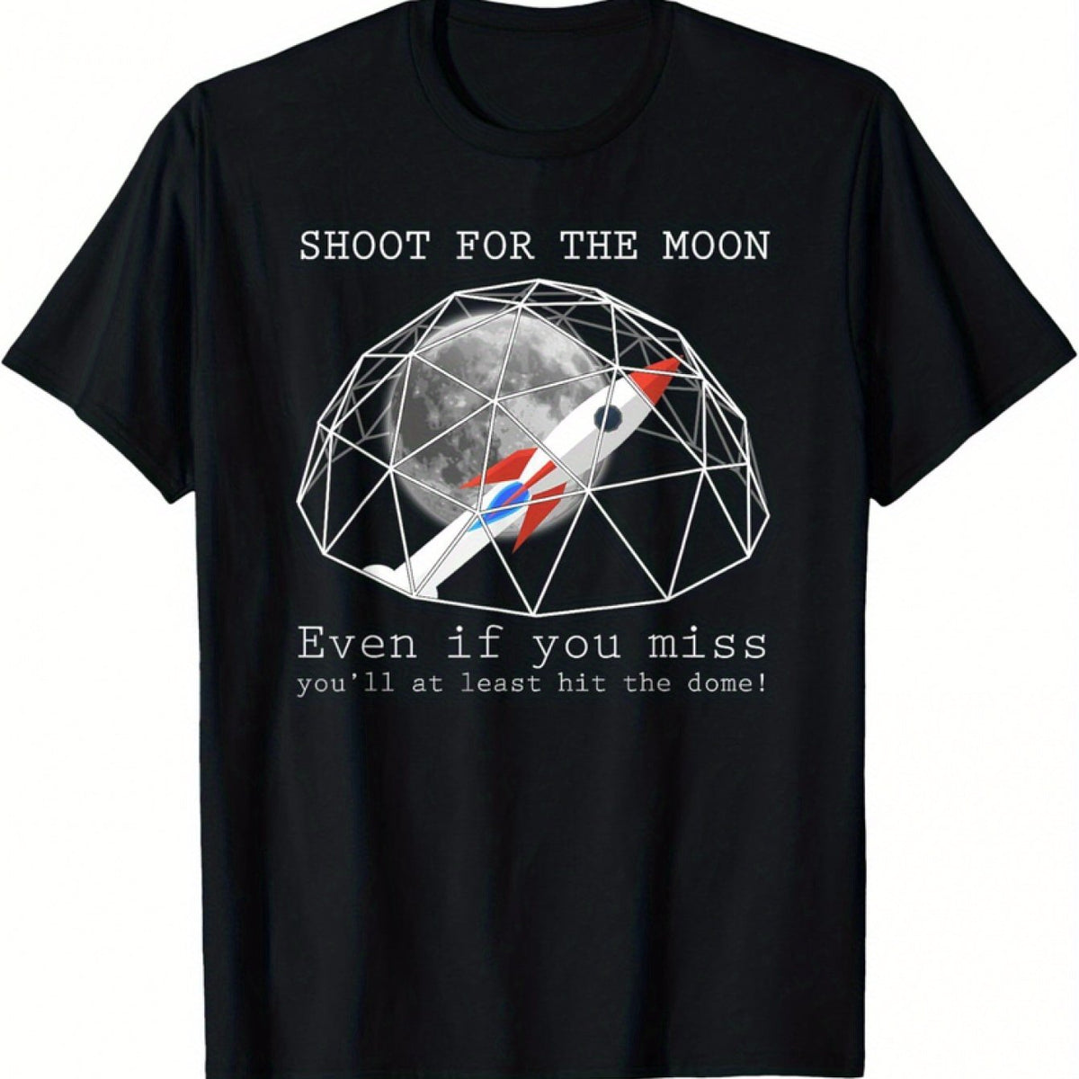 Funny Flat Earth Conspiracy T-Shirt - "Shoot for the Moon Even If You'll Miss" Graphic Print, 100% Cotton 220gsm Heavyweight, Black Bohemian Style Round Neck Tee for Adults, All-Season Comfort