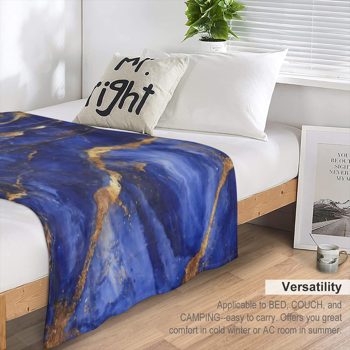 A modern blue marble printed flannel blanket, 100 polyester, digitally printed, suitable for all seasons, tear resistant, knitted, 200- 250 gm2, suitable for outdoors, beach, camping, sofas, pets, off
