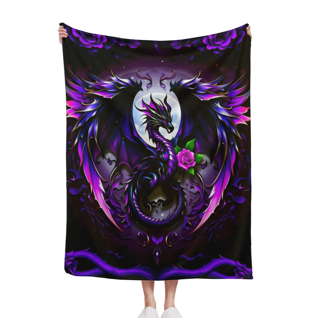 1pc Heavyweight 280GSM Dragon Print Flannel Blanket - Dark Purple & Black Dragon Scales with White Rose & Chinese Dragon Motif, Soft Warm All-Season Bedspread, Fantasy Bedding for Queen/King Size Beds