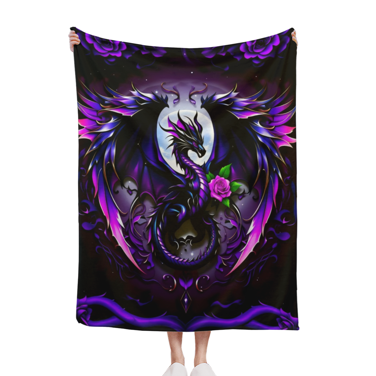 1pc Heavyweight 280GSM Dragon Print Flannel Blanket - Dark Purple & Black Dragon Scales with White Rose & Chinese Dragon Motif, Soft Warm All-Season Bedspread, Fantasy Bedding for Queen/King Size Beds
