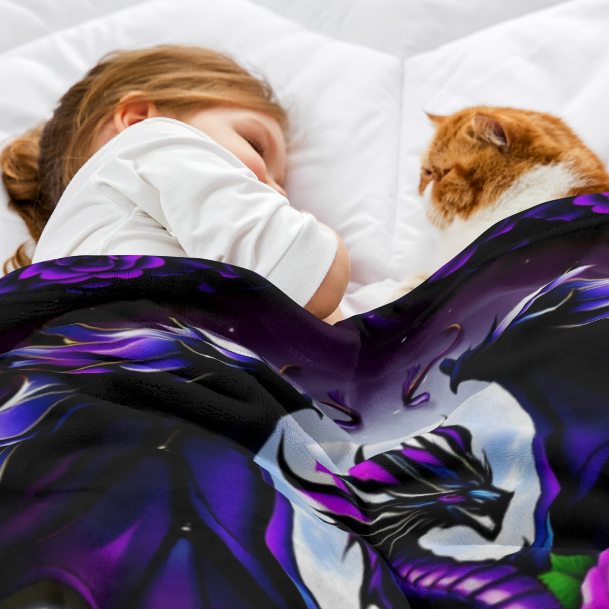 1pc Heavyweight 280GSM Dragon Print Flannel Blanket - Dark Purple & Black Dragon Scales with White Rose & Chinese Dragon Motif, Soft Warm All-Season Bedspread, Fantasy Bedding for Queen/King Size Beds