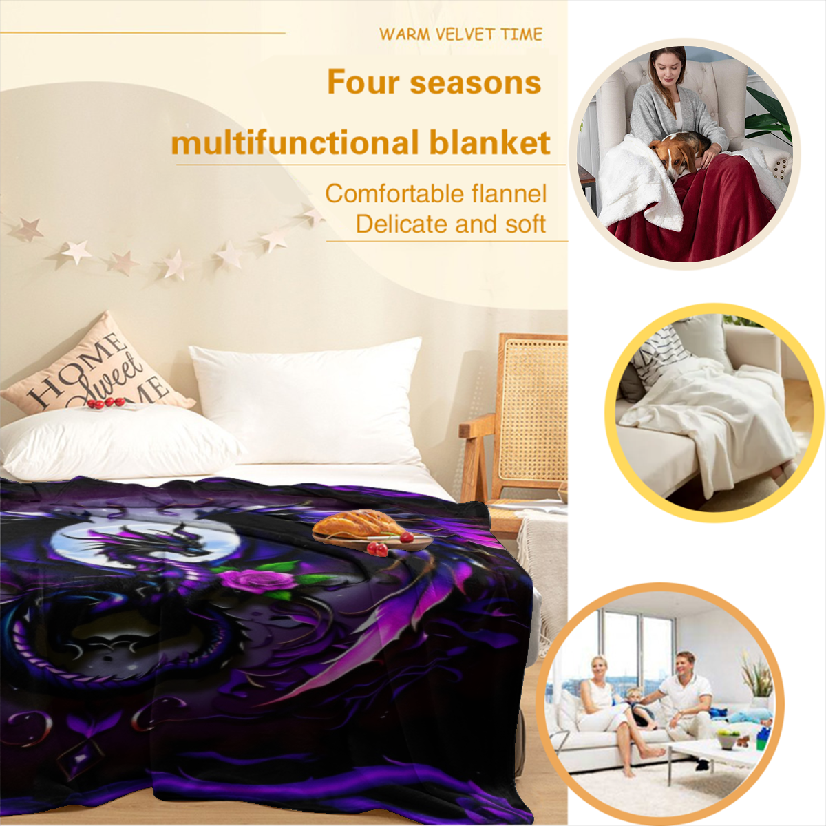 1pc Heavyweight 280GSM Dragon Print Flannel Blanket - Dark Purple & Black Dragon Scales with White Rose & Chinese Dragon Motif, Soft Warm All-Season Bedspread, Fantasy Bedding for Queen/King Size Beds
