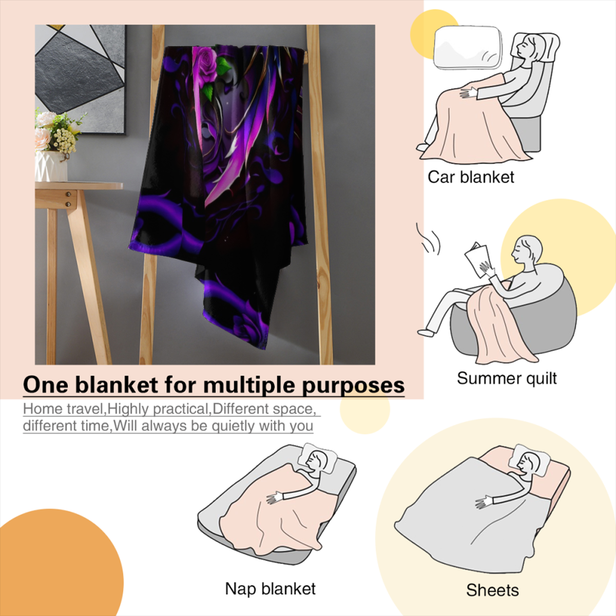 1pc Heavyweight 280GSM Dragon Print Flannel Blanket - Dark Purple & Black Dragon Scales with White Rose & Chinese Dragon Motif, Soft Warm All-Season Bedspread, Fantasy Bedding for Queen/King Size Beds