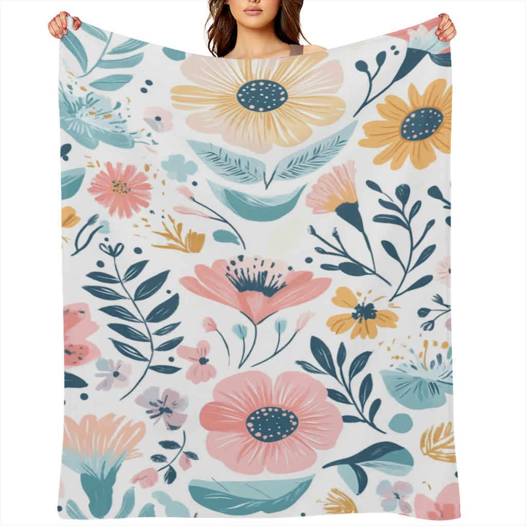 Colorful Pastel Floral Watercolor Throw Blanket - Soft Plush 280gsm, All- Season Cozy Comfort for Couch, Sofa, or Bed - Vibrant Nordic Design with Pink, Blue, Green & Yellow Flowers - Perfect Gift Ide