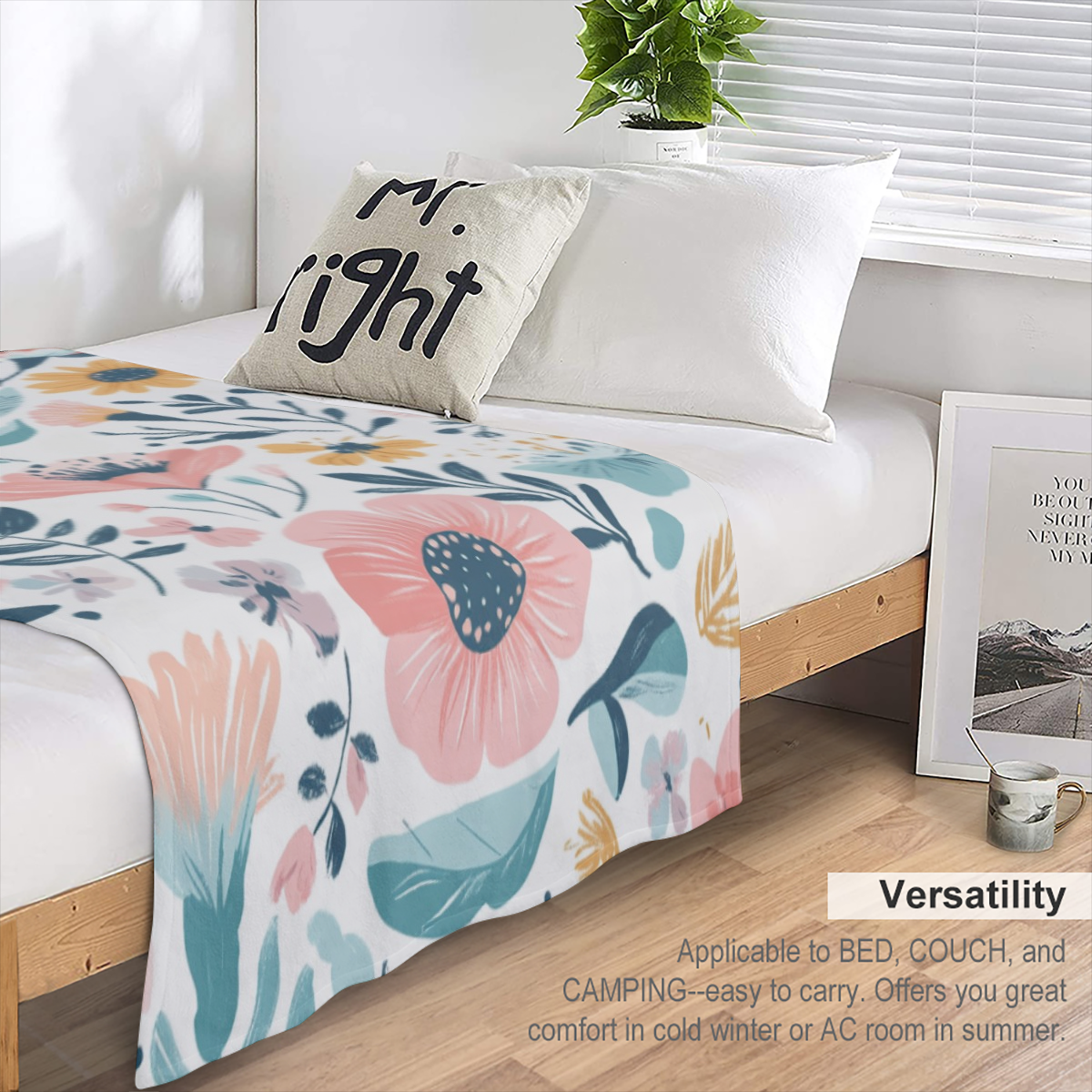 Colorful Pastel Floral Watercolor Throw Blanket - Soft Plush 280gsm, All- Season Cozy Comfort for Couch, Sofa, or Bed - Vibrant Nordic Design with Pink, Blue, Green & Yellow Flowers - Perfect Gift Ide