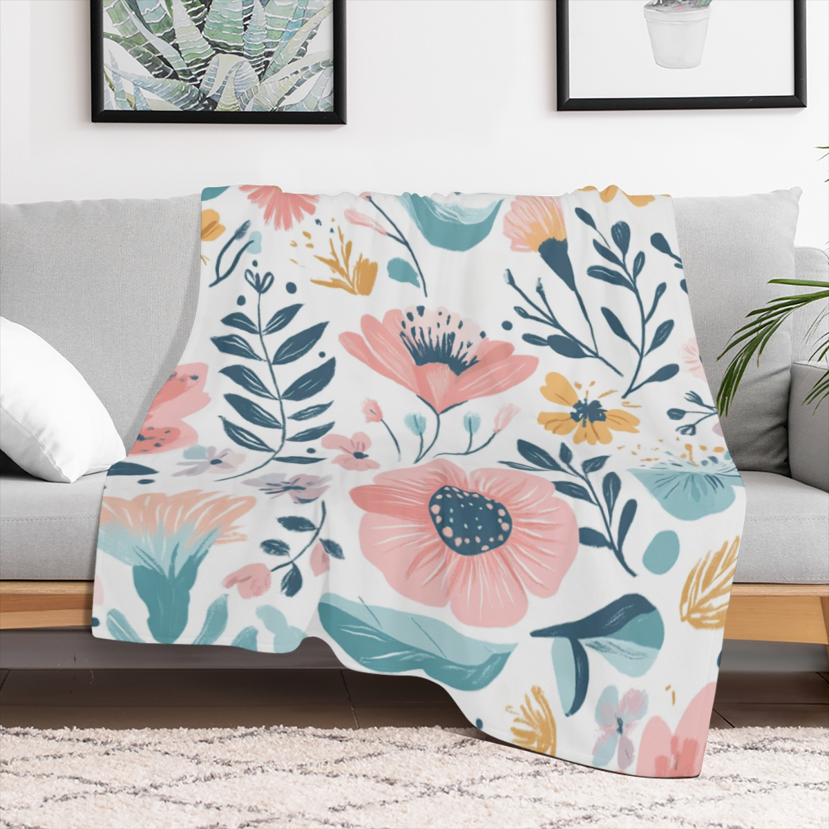 Colorful Pastel Floral Watercolor Throw Blanket - Soft Plush 280gsm, All- Season Cozy Comfort for Couch, Sofa, or Bed - Vibrant Nordic Design with Pink, Blue, Green & Yellow Flowers - Perfect Gift Ide