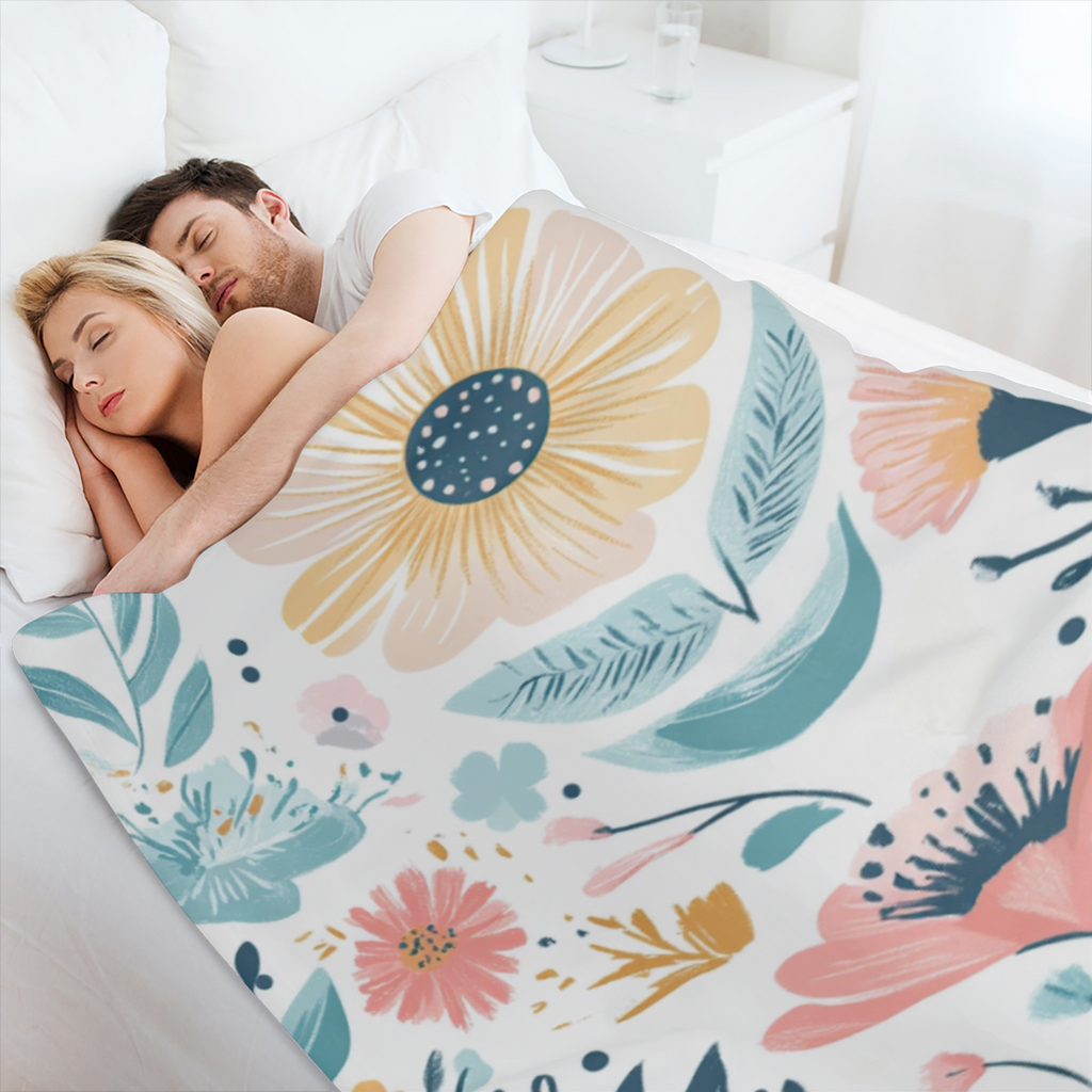 Colorful Pastel Floral Watercolor Throw Blanket - Soft Plush 280gsm, All- Season Cozy Comfort for Couch, Sofa, or Bed - Vibrant Nordic Design with Pink, Blue, Green & Yellow Flowers - Perfect Gift Ide