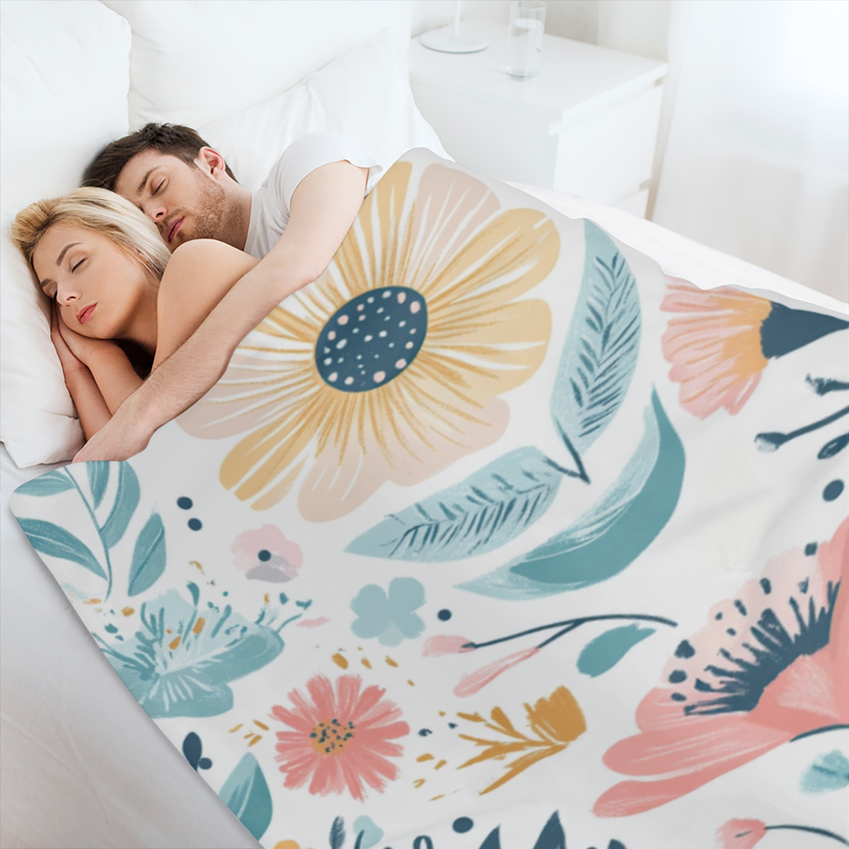 Colorful Pastel Floral Watercolor Throw Blanket - Soft Plush 280gsm, All- Season Cozy Comfort for Couch, Sofa, or Bed - Vibrant Nordic Design with Pink, Blue, Green & Yellow Flowers - Perfect Gift Ide