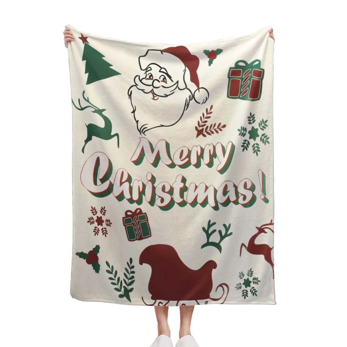 Ecervent Manta Navide?a de 300GSM - Felpa Doble Cara con Estampado de Santa y Renos, Hojas Verdes en el Reverso, Ultra Suave para Todas las Estaciones, Grande (30x40 a 60x80 Pulgadas) - Lavable a M¨¢