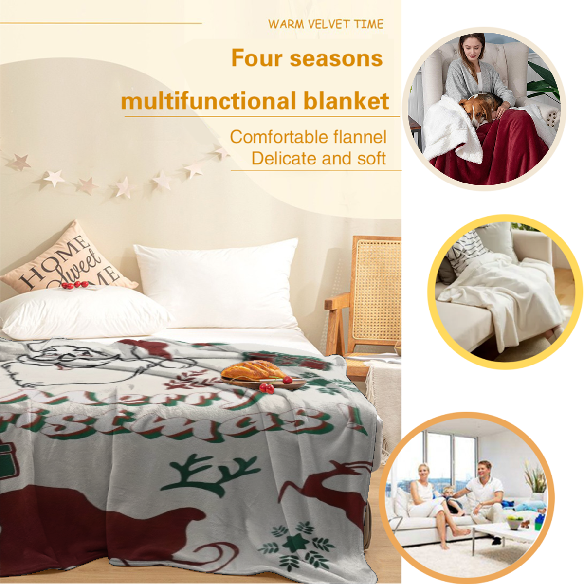 Ecervent Manta Navide?a de 300GSM - Felpa Doble Cara con Estampado de Santa y Renos, Hojas Verdes en el Reverso, Ultra Suave para Todas las Estaciones, Grande (30x40 a 60x80 Pulgadas) - Lavable a M¨¢