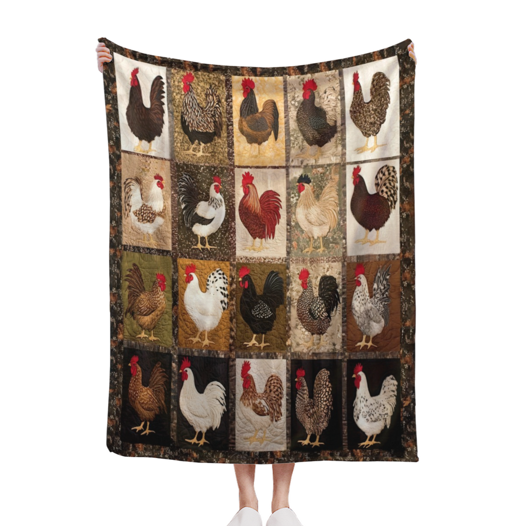 300GSM 1pc Cozy Vintage Rooster Hen Print Flannel Throw Blanket Soft Warm Polyester, Farmhouse Chicken Design, All-Season Multi-Use for Sofa Bed Camping Office Travel, Machine Washable Gift, Cozy Home