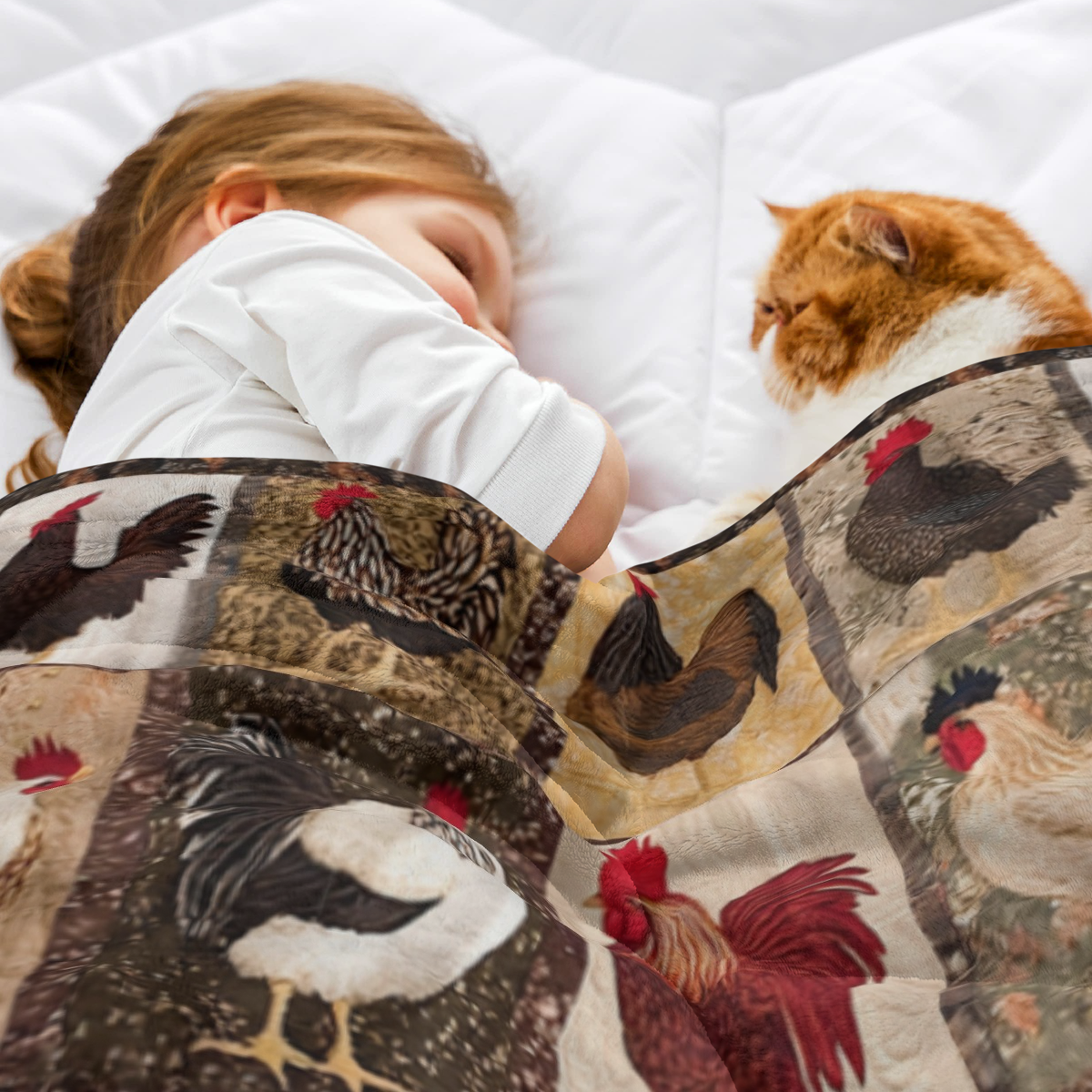 300GSM 1pc Cozy Vintage Rooster Hen Print Flannel Throw Blanket Soft Warm Polyester, Farmhouse Chicken Design, All-Season Multi-Use for Sofa Bed Camping Office Travel, Machine Washable Gift, Cozy Home