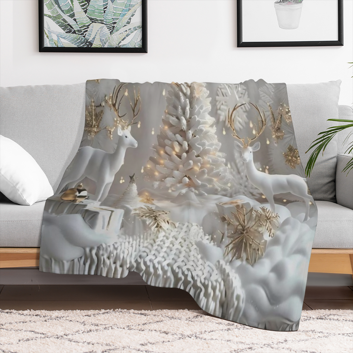 Cozy Christmas blanket for all seasons with festive trees and winter figures - soft and warm for sofas, beds, offices and travel - perfect holiday gift for boys, girls and adults