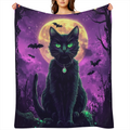 1pc Halloween Black Cat Blanket Soft Flannel Polyester Throw with Spooky Moonlit Forest Design, Perfect for Home Decor, Outdoor Adventures, and Holiday Gifts ( 280- 300g) , Halloween Decorations